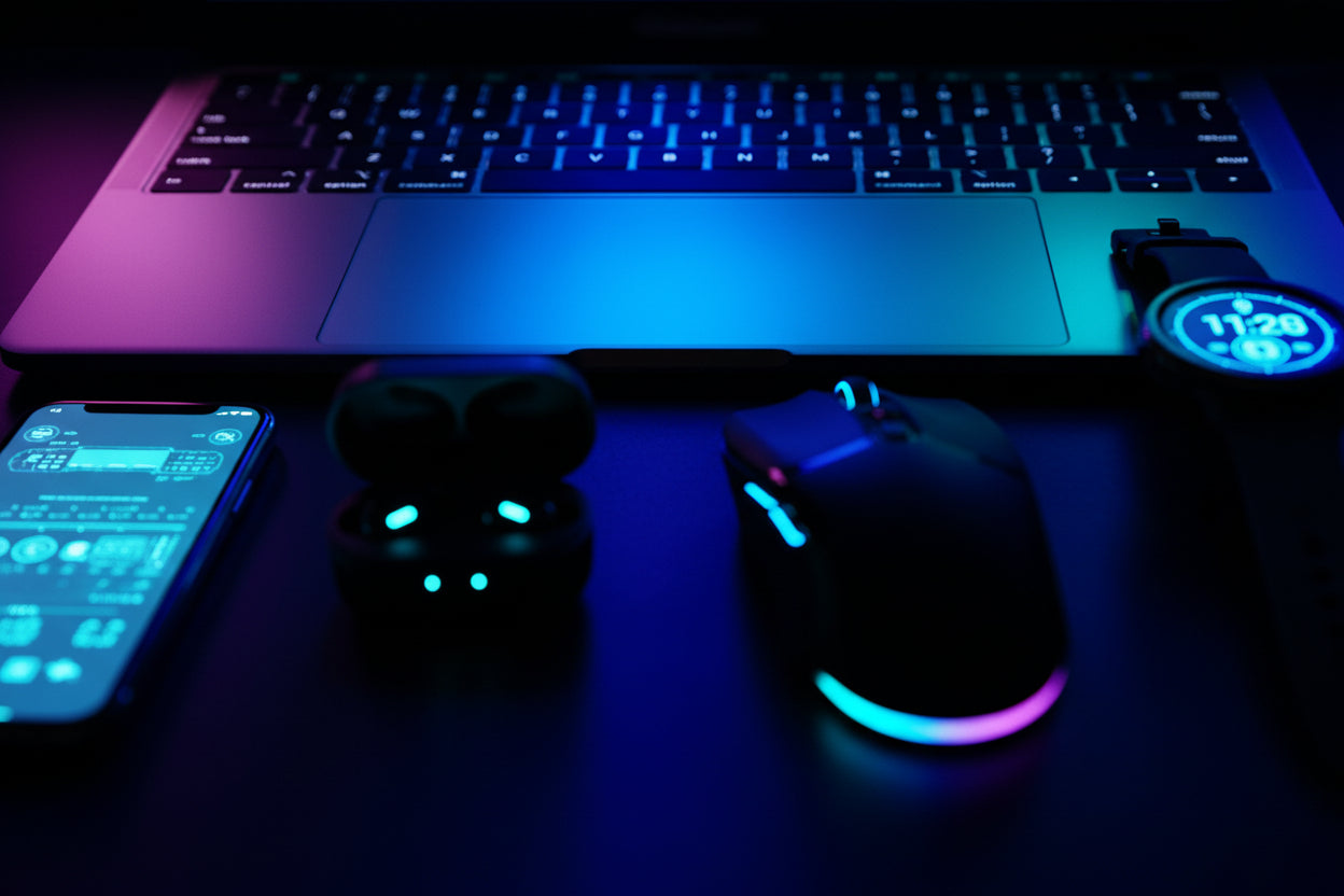 Close-up of a laptop keyboard with RGB lighting in a dark setting